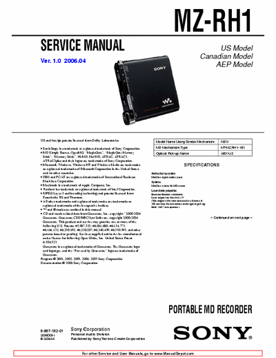 Sony MZ-RH1 Service Manual Portable MD Recordable [Md mech. MT-MZRH1-181, Opt. Pick-Up ABX-U2] - Part 1/2 pag. 66